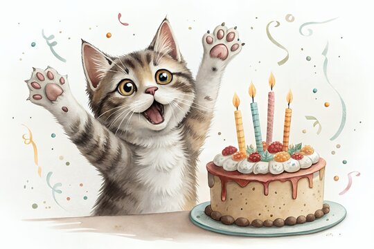 Happy birthday kitten with delicious cake and confetti - Powered by Adobe