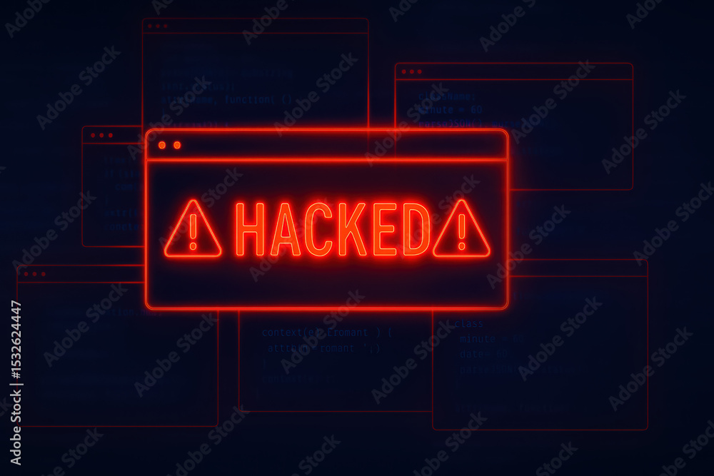 Poster a digital warning signals a cybersecurity breach as an alert window highlights unauthorized access a