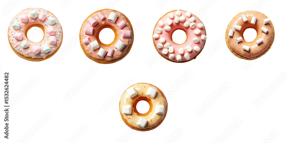 Poster set of five assorted donuts topped with marshmallows arranged in a row on a transparent background, 