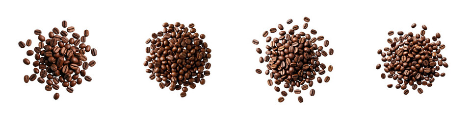 Various piles of roasted coffee beans arranged on a dark background showcasing their texture and color with no distractions from surrounding elements