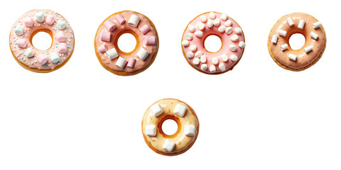 Fototapeta premium Set of five assorted donuts topped with marshmallows arranged in a row on a transparent background, viewed from the top. Each donut features different icing colors and decor.