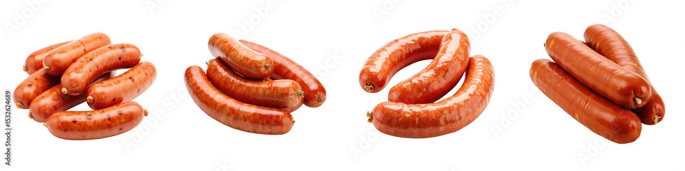 Poster various arrangements of raw sausages with a glossy texture displayed on a transparent background sho