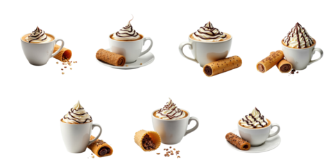 Assorted cappuccino cups topped with whipped cream and chocolate, paired with chocolate hazelnut wafer roll, isolated on transparent background with transparent option.