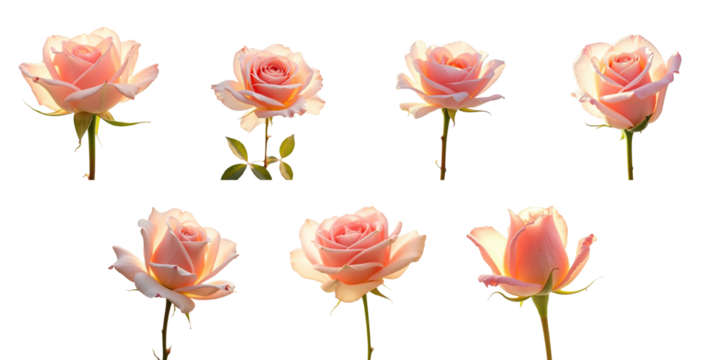 Group of pink roses with varying angles and positions isolated on a transparent background showcasing delicate petals and natural colors with subtle light reflections.