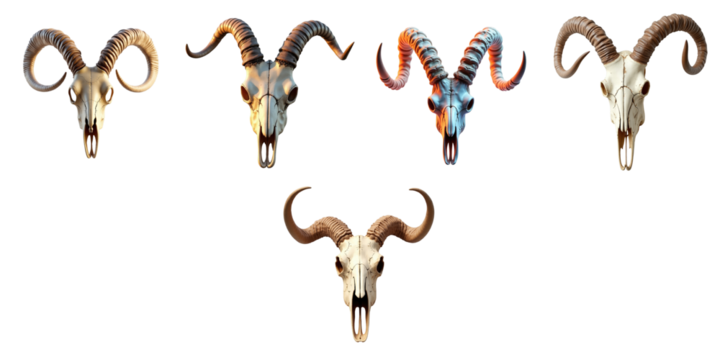 Various Goat Skull Bones Displayed on a Transparent Background Featuring Different Textures and Colors with Horns Positioned in Diverse Angles