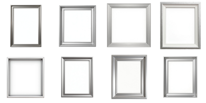 Collection of eight silver picture frames in various styles arranged on a transparent background ready for showcasing art photos or mirrors