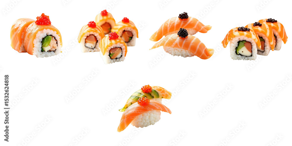Poster multicolored sushi rolls with crab meat and caviar arranged on a transparent background featuring va