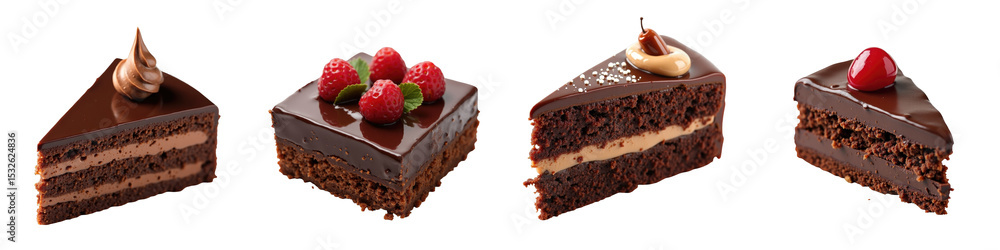 Poster four different slices of chocolate cake displayed individually with various toppings including choco