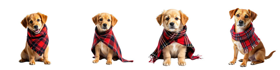 Four cute dogs wearing warm red plaid scarves against a transparent background, representing comfort and coziness during the heating season, isolated on a solid background.