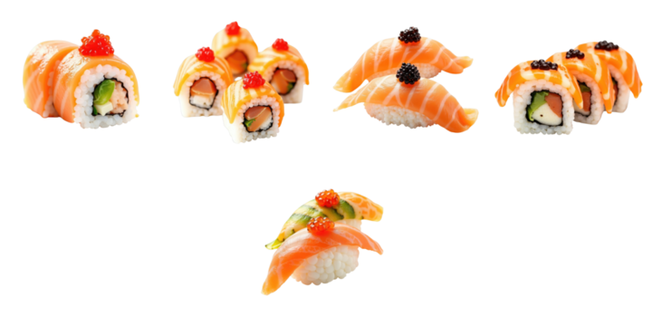 Multicolored sushi rolls with crab meat and caviar arranged on a transparent background featuring various styles and toppings highlighting freshness and presentation