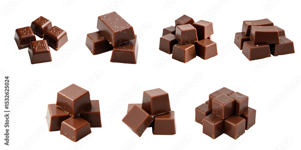 Poster various arrangements of chocolate squares displayed on a transparent background showcasing different