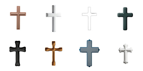 various plastic cross icons in different colors and styles isolated on transparent background arranged in a grid layout for design use