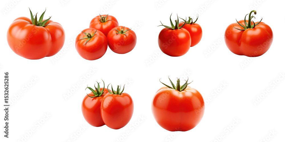 Poster fresh ripe red tomatoes arranged in various positions isolated on a transparent background highlight