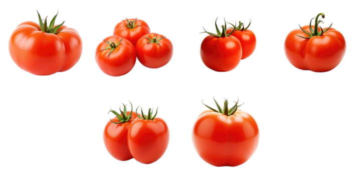 Fresh ripe red tomatoes arranged in various positions isolated on a transparent background highlighting their glossy skin and vibrant color.
