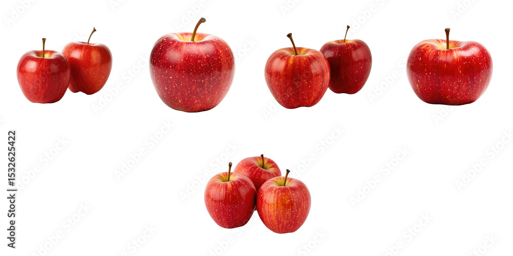 Poster red apples arranged in various positions isolated on transparent background with glossy surfaces and