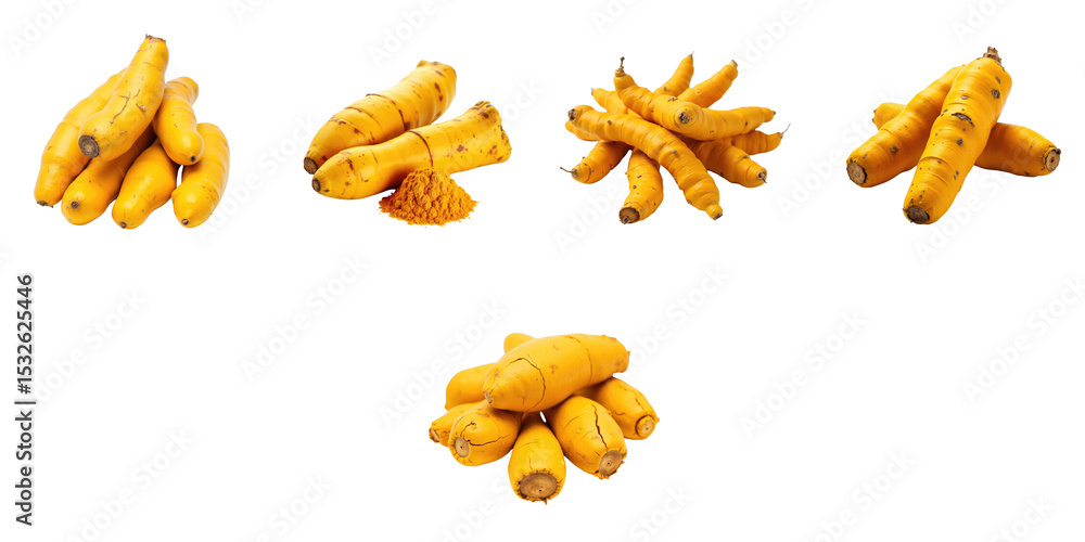 Poster fresh turmeric roots with powder arranged on a transparent background displaying various angles and 