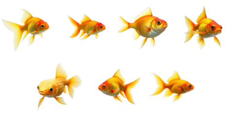 Collection of seven goldfish in various poses with distinct features on transparent background, displayed in a range of angles and movements for detailed view of coloration and anatomy