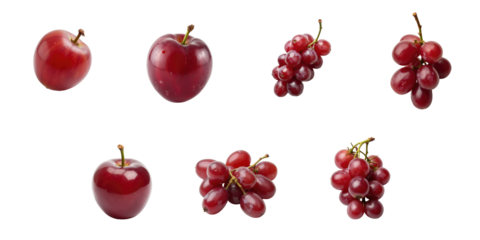assorted red fruits including whole apples and clusters of red grapes isolated on transparent background arranged in multiple orientations