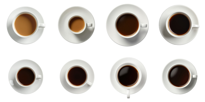 Nine cups of coffee in varying shades arranged in two rows on a transparent background, each cup placed on its matching saucer, top view perspective, isolated for clarity. - Powered by Adobe