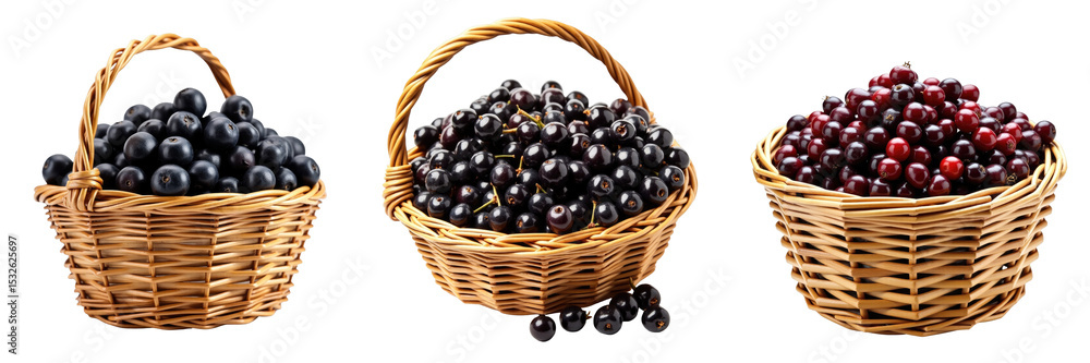 Poster wicker baskets filled with ripe elderberries in three different varieties arranged side by side on a