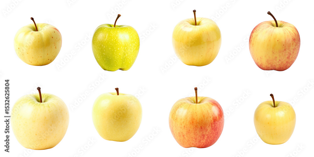 Aufkleber assorted apples in various colors and varieties arranged in a grid on a transparent background, show