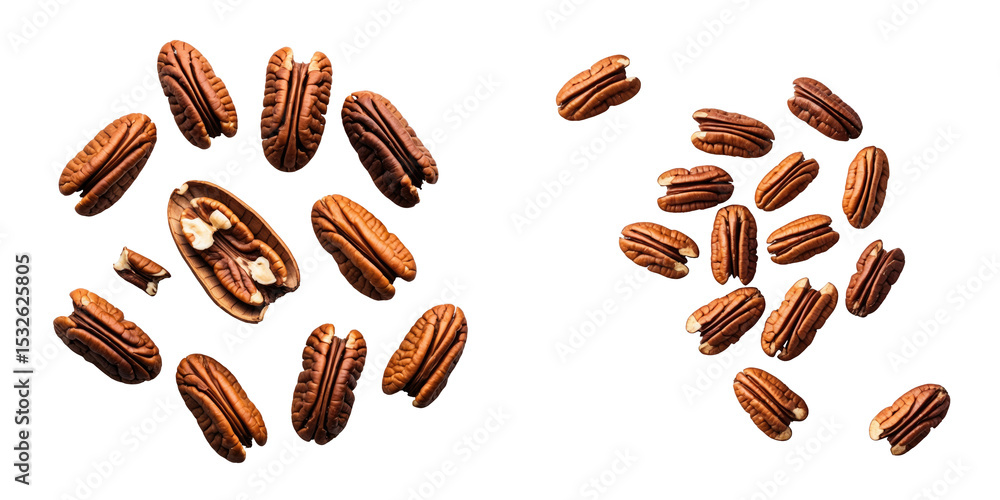 Poster pecan nuts assorted on transparent background with variation in arrangement showcasing whole and bro