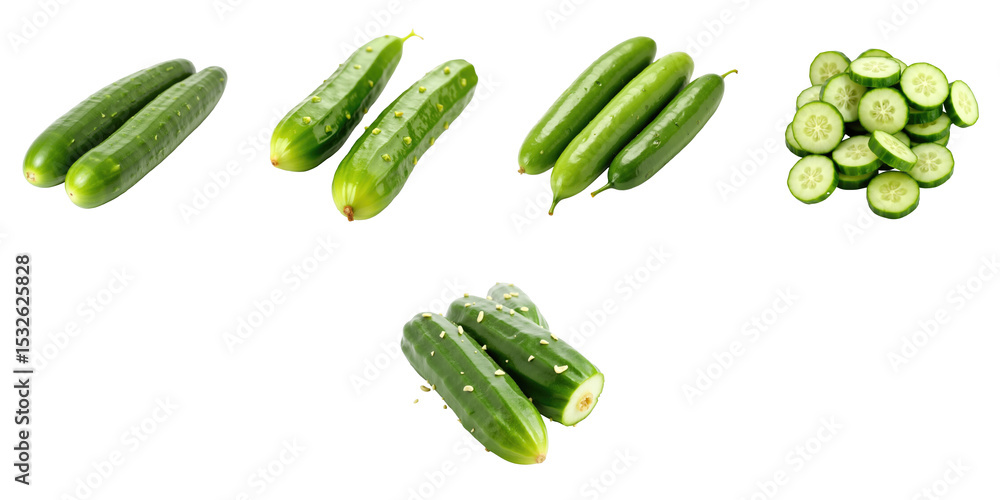 Poster fresh green cucumbers whole and sliced arranged on a transparent background showcasing their texture