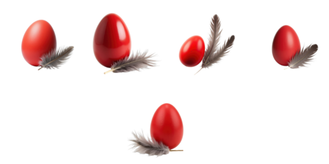 Group of red Easter eggs with grey natural feathers arranged in various positions on a transparent background with a focus on color contrast and texture details.