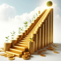 Golden Coin Staircase Representing Financial Growth. Ideal for use in posters, presentations