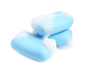 Soap bars with foam isolated on white
