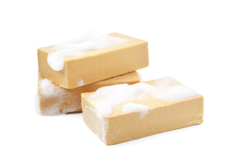 Soap bars with foam isolated on white