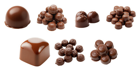 assorted chocolate candies in various shapes and sizes arranged on a transparent background with transparent areas highlighting their glossy surface and detailed texture