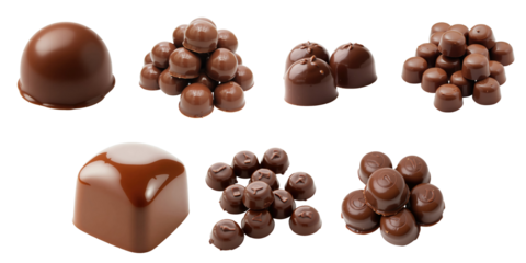 assorted chocolate candies in various shapes and sizes arranged on a transparent background with transparent areas highlighting their glossy surface and detailed texture