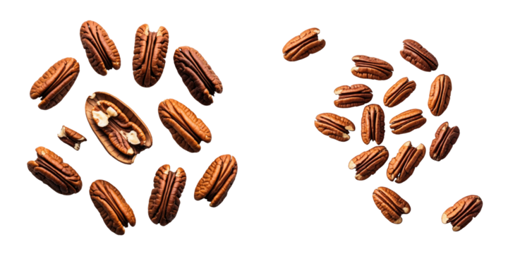 Pecan nuts assorted on transparent background with variation in arrangement showcasing whole and broken pieces isolated for clarity and detail