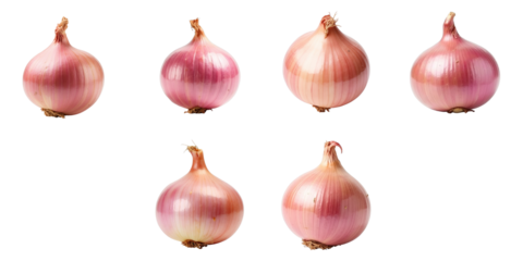 Six pink onion bulbs isolated on a transparent background showcasing different angles and perspectives highlighting their smooth surface and distinct color variations.
