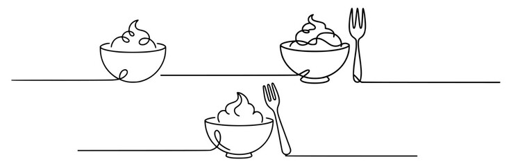 Whipped cream dessert bowls and forks line art