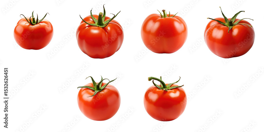 Poster group of ripe red tomatoes arranged in various positions on a transparent background showcasing thei