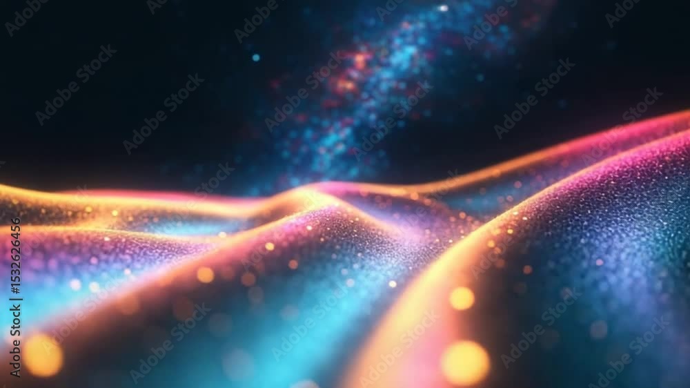 Poster abstract cosmic landscape with colorful wavy particles and glowing bokeh lights background
