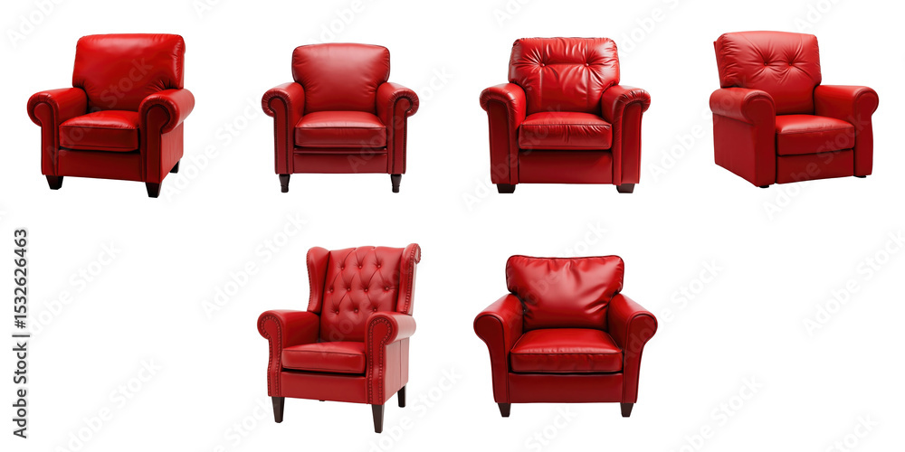 Poster various styles of red leather armchairs isolated on a transparent background showcasing multiple des
