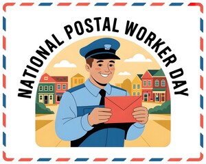 A vibrant, retro-style illustration celebrating National Postal Worker Day. Happy National Postal Worker Day: Smiling postal worker on bicycle.