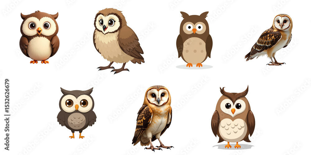 Poster collection of colorful cartoon owls each with unique features isolated on transparent background in 