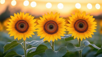 Obraz premium Sunflower Trio at Sunset: Three radiant sunflowers bask in the warm embrace of the setting sun, their vibrant yellow petals illuminated against a soft, bokeh background.