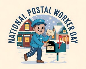 A vibrant, retro-style illustration celebrating National Postal Worker Day. Happy National Postal Worker Day: Smiling postal worker on bicycle.