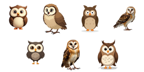 Collection of colorful cartoon owls each with unique features isolated on transparent background in various poses and styles