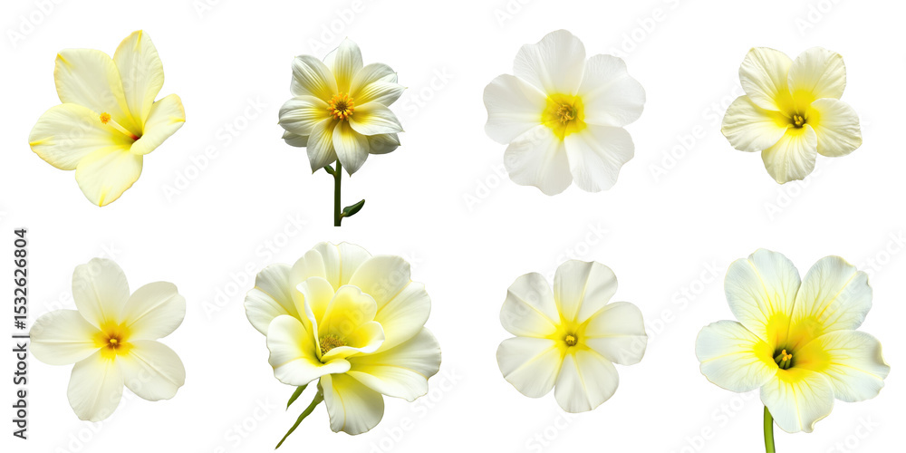 Poster collection of delicate yellow and white flowers isolated on transparent background featuring multipl