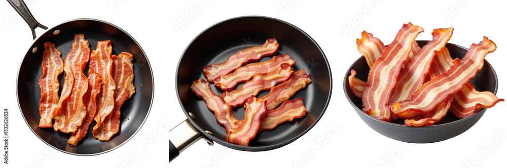 Poster raw bacon slices arranged in three different frying pans on a transparent background showcasing vari