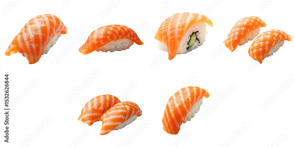 Poster assorted sushi pieces with salmon topping displayed on transparent background showing sharp edges an