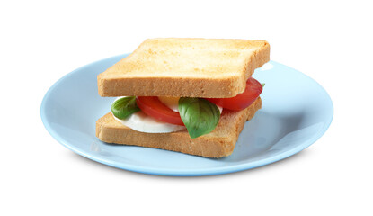 Tasty sandwich with mozzarella cheese, tomato and basil on white background