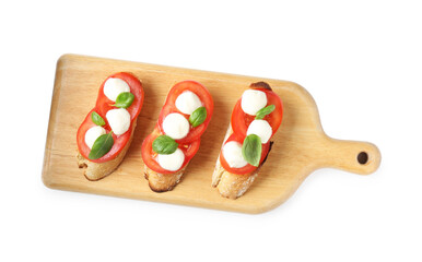 Tasty sandwiches with mozzarella cheese, tomatoes and basil on white background, top view