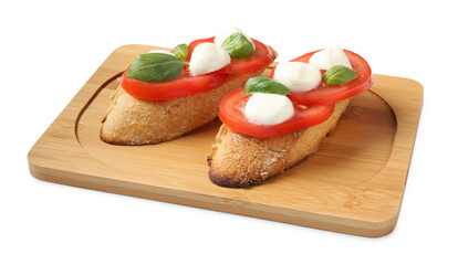 Tasty sandwiches with mozzarella cheese, tomatoes and basil on white background